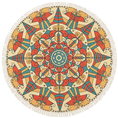 Teppiche für Schlafzimmer, Vintage, 90 cm, runder Teppich, luxuriöses Blumenmuster, maschinenwaschbar, Boho-Teppich, Bodenmatte, rutschfest, weich, kreisförmig, für Schlafzimmer, Wohnzimmer, Küche
