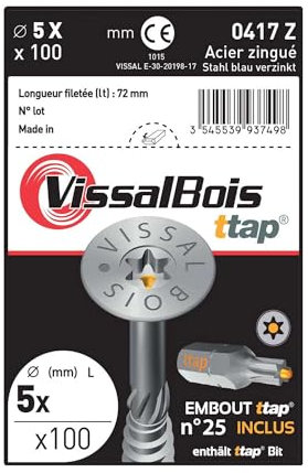 100 vis bois TTAP 5x120mm filetage asymétrique zingué - Vissal
