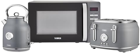 Tower Renaissance Kitchen Set, 1.7L Quiet Boil Kettle & 4 Slice Toaster & 20L Microwave, Grey, T10063GRY, T20065GRY, T24039GRY