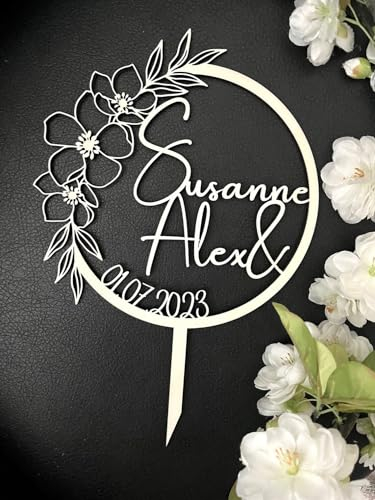 NoriKids Cake-Topper personalisiert & handgefertigt | Tortenstecker aus Acryl | Tortendeko Hochzeit | Kranz mit filigranen Blumen & Namen | individuelle Hochzeitsdeko | personalisierte Geschenke