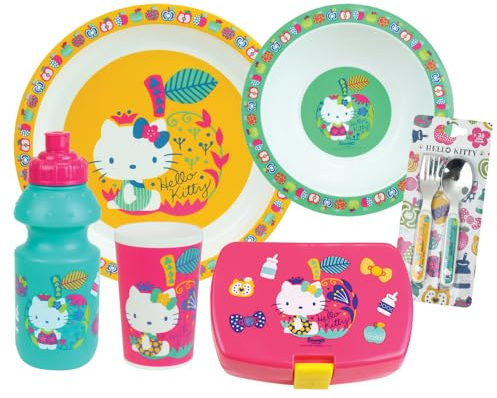 HELLO KITTY - Set di vasi per bambini, con 1 bicchiere da 220 ml, 1 vaschetta per cavalli Ø 16 cm, 1 seduta Ø 22 cm, 1 gola da 350 ml, 1 scatola per gattino e 2 posate H.13,5 cm - Reutyll ISABILI