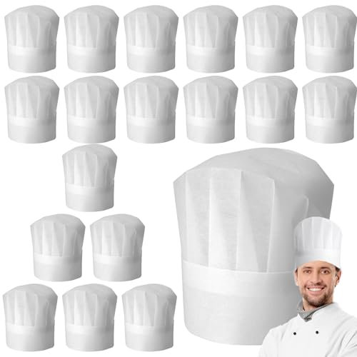 Gorros De Cocinero,20 Piezas Ajustable Gorro Chef,Sombrero De Cocinero De Papel,Sombreros De Chef De Papel,Gorro De Chef para Hombre Mujer Blanco para Cocina,Restaurante,Hogar,Catering,Doméstico