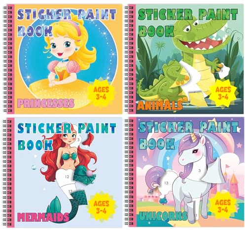 4Stk. Stickerbuch Ab 3, 4 Jahre, Sticker Book - Stickeralbum Mädchen - Tiere, Meerjungfrau, Prinzessin, Einhorn Klebebücher - Aufkleber Kinder