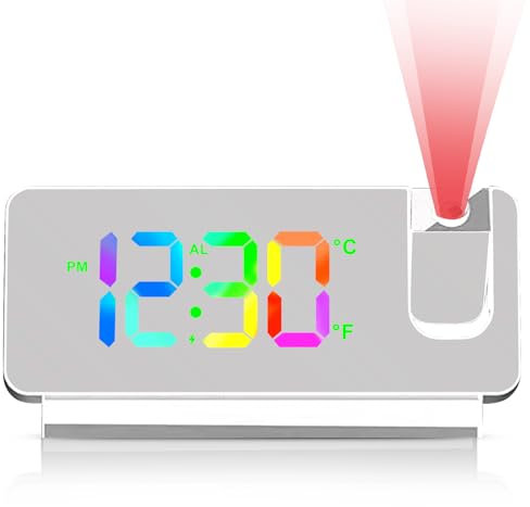 Réveil Projecteur Plafond, Réveil Numérique Projecteur 180°, Horloge Digitale LED avec Snooze, Température, Format 12/24 Heures, Fonctionnement USB, pour la Chambre à Coucher