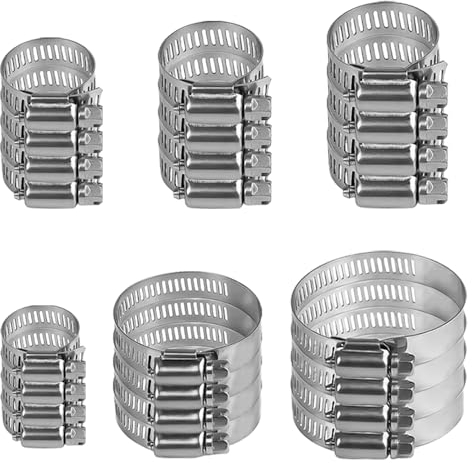 TRKETK 24 Pièces 6-51mm Collier Serrage Inox Set, Collier de Serrage Tuyau Réglable 304 Collier Serrage Métallique Collier Durite pour Piscine, Machine à Laver, Jardin, Tuyau de Fixation (6 Tailles)
