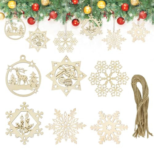 DTYGUIXE Adornos para Árbol de Navidad, 24 Colgantes Navideños de Madera de 6 Estilos con Cuerdas, Bolas para Decoración Colgante y Manualidades