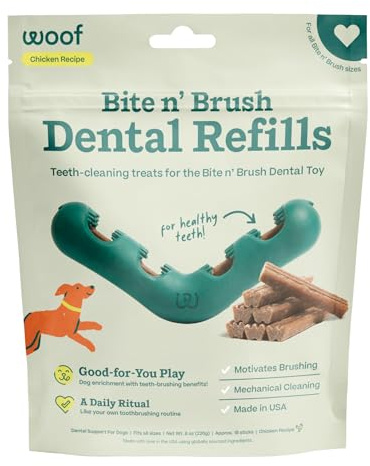 WOOF - Bite n' Brush Refills Treats for the Dog Toothbrush Toy - Scrub Plaque and Tartar from Your Dog's Teeth and Mouth - Dog Dental Sticks - 18 Refills - Chicken
