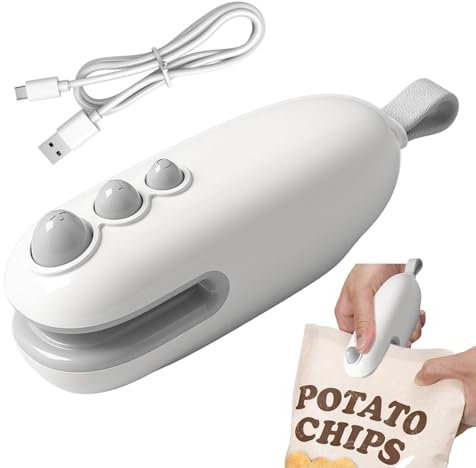 Mini sellador de bolsas, sellador y cortador 2 en 1, Máquina de Sellado Portátil, sellador térmico magnético recargable por USB, Mini Sellador de Bolsas para Almacenamiento Alimentos (blanco)
