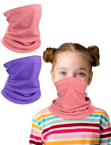 Kiiwah 2 Pièces Cache-Cou Enfants Dralon, Hiver Tour de cou Enfant Thermique Snood pour Fille Garcon Multifonction Echarpe Coupe-vent de Plein Air Sports Ski (Rose, Violet)