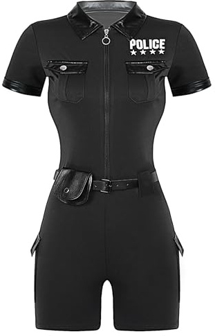 Kvysinly Damen Polizei Kostüm Polizistin Cosplay Outfit Kurzarm Bodysuti Jumpsuit Overall + Gürtel + Geldbörse Cop Outfit Halloween Kostüm Karneval Party