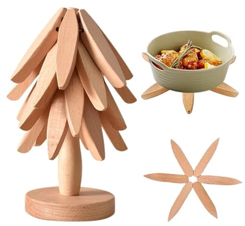 Wooden Trivets for Hot Dishes,Tree Shape Trivet Set, 4 Wooden Hot Dishes Plates + 1 Stand,Natural Collapsible Kitchen Wooden Hot Dishes for Pots, Pans, Bowls, Tea Kettles, Fondue Holders(Log)