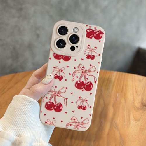 Cherry Bow Phone Case for iPhone 14 Pro, Cute Red Cherry Bow Pattern Exquisite Phone Cover for Girls Women, Slim Stylish Durable TPU Protective Case for iPhone 14 Pro