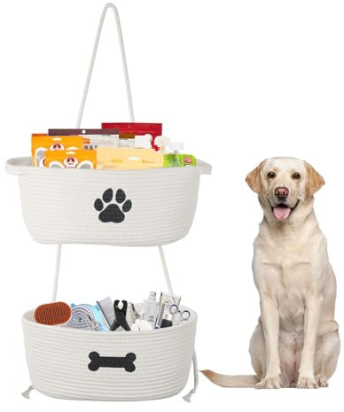 Ctomche 2 Pack Woven Dog Toy Baskets, Large Dog Toy Storage Box with Hanging Hooks, Cotton Rope Basket for Puppy Toys, Collapsible Pet Stuff Storage Bin for Pet Food, Leashes, Blanket-beige