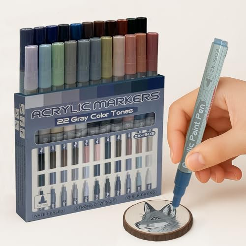 Rotuladores Acrílicos 22 Colores - Serie Gris, Marcadores de Pintura Para Papel, Vidrio, Metal, Madera, Cerámica,Textiles, Lienzo, Bricolaje - 0,7 mm a Base de Agua - No Tóxico