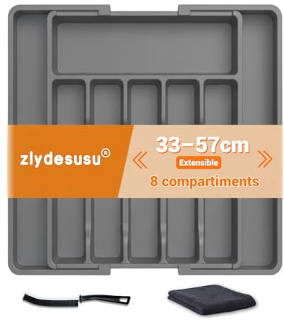 zlydesusu Premium Besteckeinsatz ausziehbar 33-57 cm für Schublade, Besteckkasten für Schubladen aus BPA-freiem Kunststoff, besteckkasten ausziehbar, besteckschublade einsatz flexibel, cutlery tray
