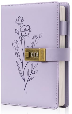 Lock Diary for Women Diary with Lock for Girls A5 Leather Locked Journal 260 Pages 100 GSM Refillable Journal with Lock for Teens Secrets Flower Journals with Combination Passwords, 5.7x8.3, Purple