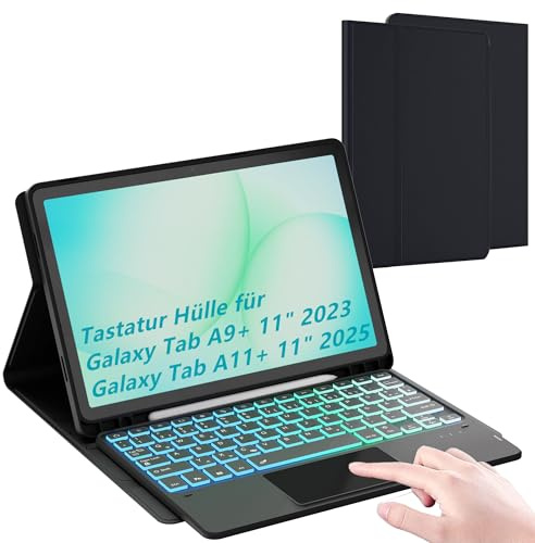 für 11 Zoll Samsung Galaxy Tab A11+/A9+ Hülle mit Tastatur : 7 Farben Beleuchtung Abnehmbar Tastatur mit Trackpad | QWERTZ-Layout Tastaturen Hülle mit Pen Halter für Tab A11 Plus 2025/А9 Plus 2023