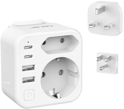 JSVER Adaptador de Enchufe Universal con 2 Enchufes Reemplazables Tipo B/G y 2 Enchufes de CA,4 Puertos USB, Cargador para España, EE. UU., Reino Unido, Canadá, México, HK (Blanco)