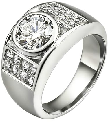 Mesnt Ring Weißgold 585, Frauen 14 Karat Weißgold Siegelring mit Moissanit, Größe 50 (15.9)