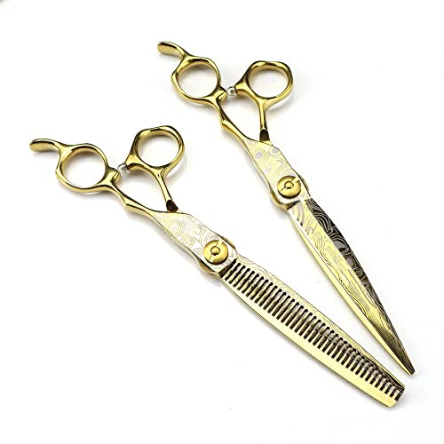 JYBNBBE Haarschneideschere, 7 Zoll d Damascus Hochwertige Schere Haarschneideschere Effilierschere Friseurwerkzeuge Haarschneideschere Friseurschere (Gold)