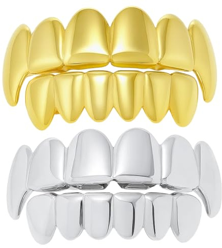 Grills for Teeth, Two-Piece Set with Golden and Silver Designs, Adjustable Fit for Various Occasions, Removable Dental Accessories with Comfortable Wear