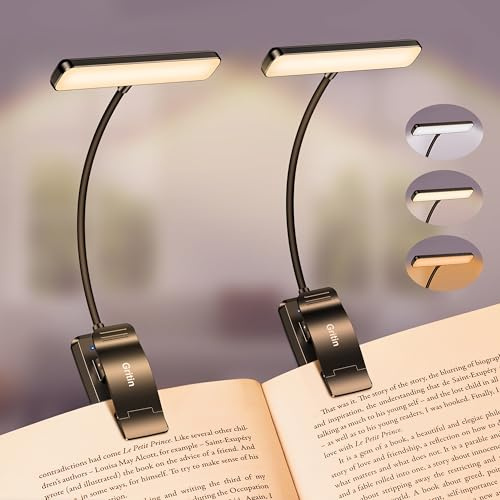 Gritin Leselampe Buch Klemme, USB Aufladbare Buchlampe mit 19 LEDs- 2 Stück | 3 Farbtemperatur Modi, Lange Laufzeit, Stufenlose Helligkeit Klemmlampe, 360° Flexibel Klemmleuchte, Schwarz