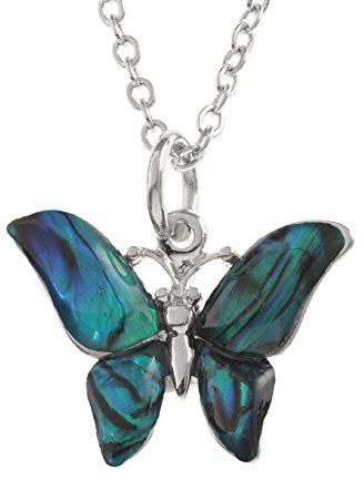 Kiara Schmuck Schmetterling Anhänger Halskette mit natürlichen Blaue grün intarsiert Paua Abalone Shell auf 45,7 cm Trace Kette. Nicht trüben Silber Farbe, Rhodiniert, Anlauf Geschützt.