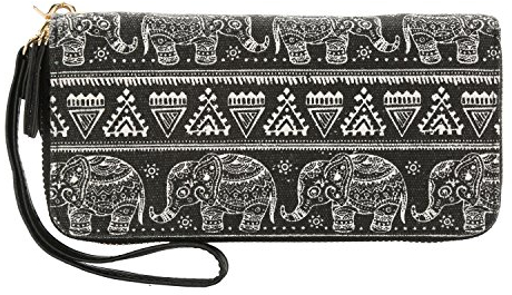 Damen Geldbörse Elefant Lang Portemonnaie Reißverschluss Boho Brieftasche Groß Vintage mit Abnehmbare Handschlaufe und Münzfach Geldtasche (Schwarz Elefant)