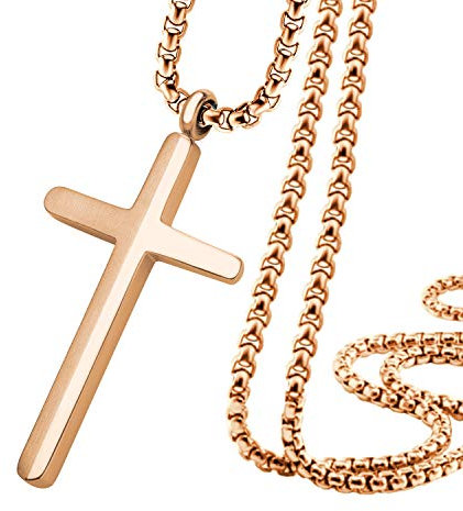 555Jewelry Stainless Steel Cross Necklace for Men, Box Link Chain, Cross Pendant for Men, Chain Necklace for Men, Cross Chain for Men, 20 Inch Chain, Rose Gold