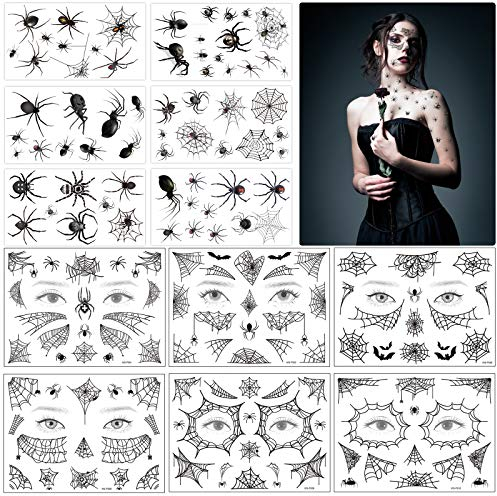 ZERHOK 12 Blätter Schwarz Spinnen Tattoos mit Spinnennetz Gesicht Temporäre Tattoo Spinnweben Klebetattoos Schaurige Gesichtsaufkleber für Halloween Masquerade Karneval Party Punk Geschenk