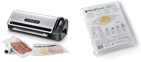 FoodSaver FFS017X - Envasadora al Vacío Con Cutter Incorporado, Funciones Solo Sellado, Húmedo/Seco y Marinar + Bolsas Reutilizables Precortadas