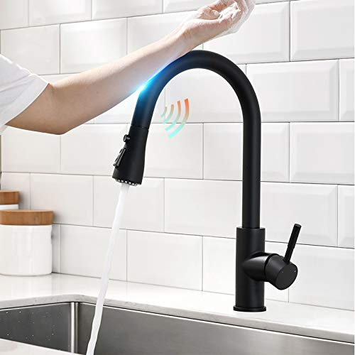 Jings Robinet de cuisine sans contact, avec détecteur de mouvement, pulvérisateur, acier inoxydable, noir