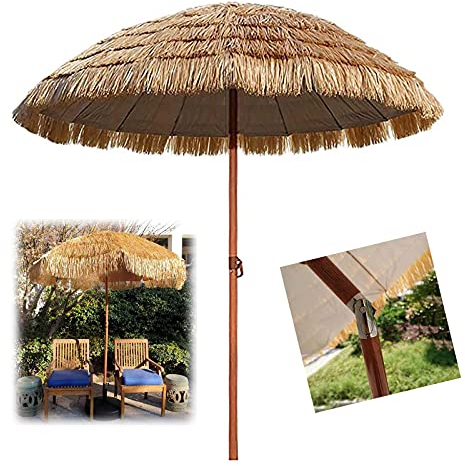 Outech Ø180cm Garten Sonnenschirm, Große Terrassenschirm, Hawaiianischer Stroh Strandschirm Im Freien, Mit 8 Starken Rippen, Natürlicher Farbe, Belüftung Und Sonnenschutz, Kann Gekippt Werden