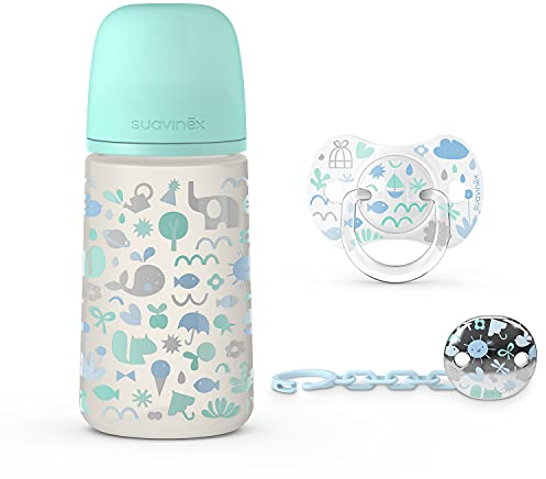 Suavinex, Pack für Neugeborene Sx Pro 0-6 Monate. Enthält: Anti-Kolik-Babyflasche 270 ml mittlerer Nahrungsfluss + Sx Pro Physiologischer Silikon-Sauger + Schnullerkette. 3 Produkte. Memories Blau