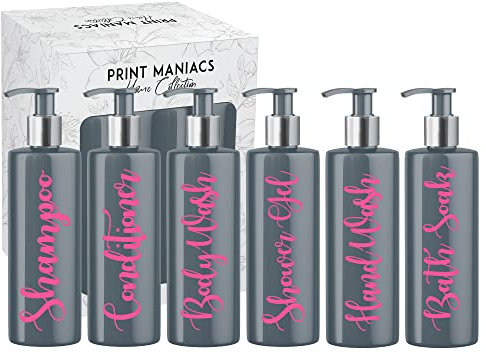 Print Maniacs Grey Mrs Hinch Inspired Personalised 500ml Pump Bottles Bathroom Lotion Kitchen Set Shampoo Conditioner Body Wash (Set 6) (Baby Pink)