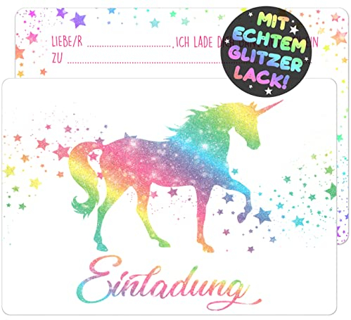 VULAVA 12x GLITZER Einhorn EINLADUNGSKARTEN KINDERGEBURTSTAG Mädchen Junge - die Regenbogen PARTY Karten sind die Einhorn EINLADUNG für Mädchen Jungen Kinder GEBURTSTAG Einladung Pferde UNICORN