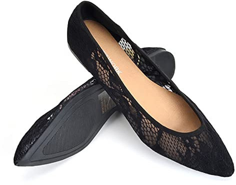 CHAOEN Women Shoes Cut Out Slip On Ballet Flats Floral Breathable Crochet Lace Pointed Toe Dolly Shoes Ballerina Loafers UK Size 6.5 Black