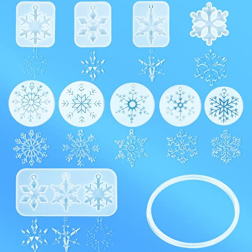 AFASOES 10 Stück Weihnachten Schneeflocken Harzformen mit 100 M Nylon Seil Resin Mold Silikonform Schneeflocke Schmuck DIY Epoxidharz Formen Weihnachten Anhänger Harz Formen für Modellieren & Gießen