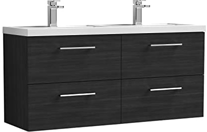 nuie Modern Bathroom Wall Hung 4 Drawer Double Vanity Unit with Twin Polymarble Basin, Woodgrain Charcoal Black, 1200mm