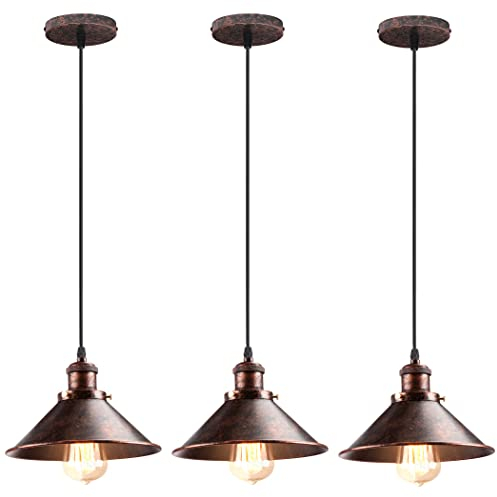 iDEGU 3 Piezas Lámparas Colgantes Vintage, 22CM Lámparas de Techo Retro de Metal Estilo Edison Industrial E27 Iluminación Luz de Techo Colgante para Comedor Cocina Salón Bar Restaurante (3x Óxido)