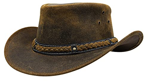 Sidewinder Cowboyhut aus Rindsleder, Westernhut aus Leder, Herren und Damen, Western Aussie Vintage Outback Bush Old Style Hut, Einheitsgröße, Hellbraun