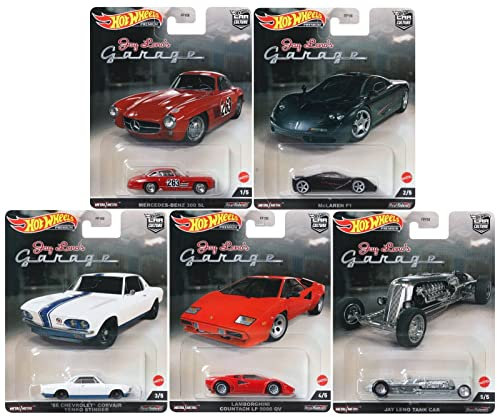 Hot Wheels Car Culture 2022 Jay Lenos Garage Komplett 5-Pack (FPY86‑957N) | Mercedes‑Benz 300 SL, McLaren F1, '66 Corvair Yenko Stinger, Lamborghini Countach & Jay Leno Panzerwagen | 1:64 Die‑Cast