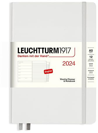 LEUCHTTURM1917 367701 Agenda settimanale e taccuino medio (A5) 2024, 12 mesi, grigio chiaro, inglese
