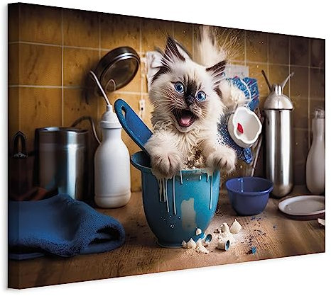 murando - Tableau Acoustique Animal 90x60 cm 1 Partie - Décoration Isolation Phonique Bureau Chambre Panneau Insonorisant Impression sur Toile - Chat drôle qui rient cuisine désordre g-H-10028-b-a