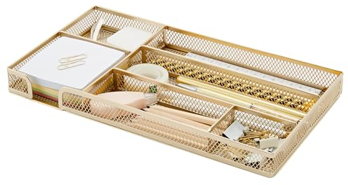 Annova Schreibtisch Schublade Organizer,Aufbewahrung Tray - Metallgeflecht mit Unterteilungen für Stifte, Schreibtischzubehör, Bad, Küche, Make-up und Bürobedarf (Klein, Gold)