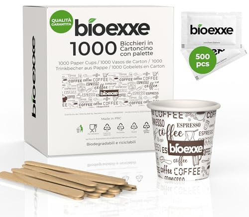 Kit caffe bicchierini palettine e zucchero -1000 Pz Bicchierini Caffè Carta 75ml+ 1000 Pz Palette Caffe Biodegradabili 500 PZ Bustine di zucchero - Bicchieri usa e getta (bianchi)