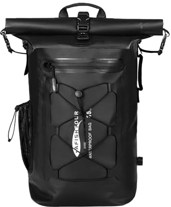 AFISHTOUR 35L Wasserdichter Rucksack für Damen und Herren: Rollverschluss Dry-Bag mit Schwimmfunktion für Kajak, Rafting(Schwarz)