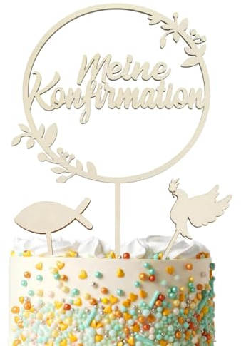 Cake Topper, 2 Sets Holz Tortendeko, Torten Topper Meine Konfirmation Taube Fisch Tortenstecker Kuchendeko Konfirmation Deko für Junge Mädchen