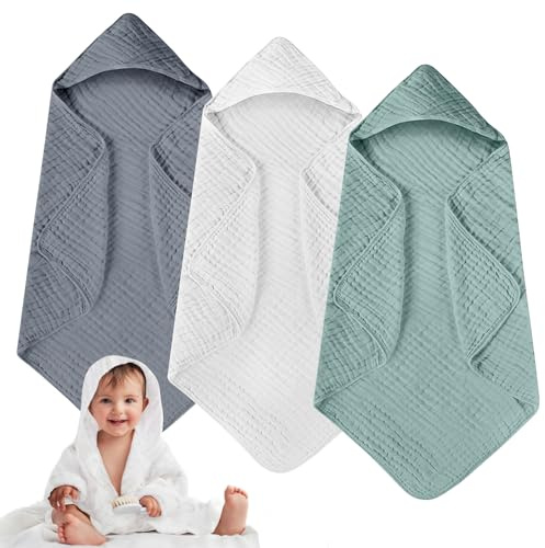 Baby Handtuch Kapuze, 3 Pack Kapuzenhandtuch Baby, Baby Badetuch aus 100% Baumwolle Musselin, Babyhandtuch mit Kapuze 80 x80 cm, Super Saugfähig Kapuzenbadetuch,für Neugeborene, Babys 0-3 Jahre