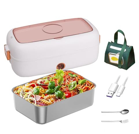 Fiambrera Electrica Coche Adecuado Para Portátiles De 110 V/12 V/24 V, Tartera Electrica Comida Trabajo Aislamiento Térmico De Larga Duración Alimentado Por USB, Loncheras Electricas,White